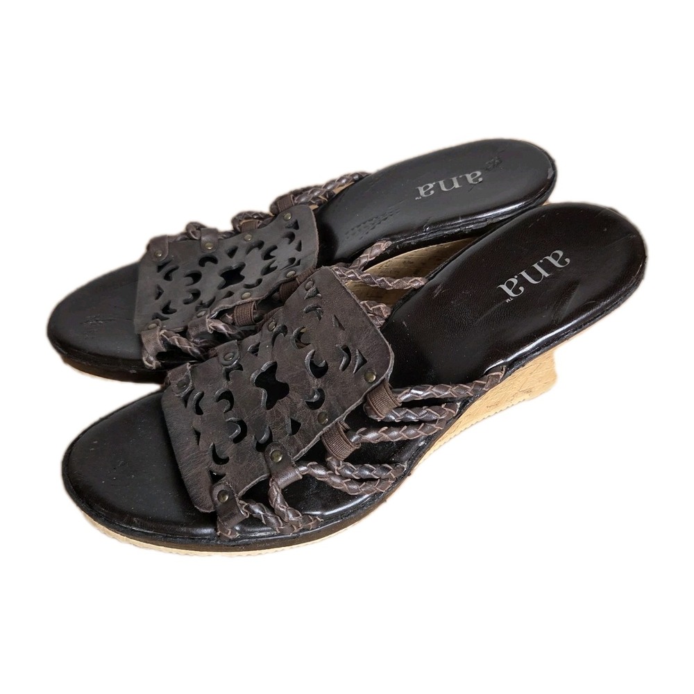 A.N.A.‎ Brown Leather Cutout Wedge Sandals Size 8 Bohemian